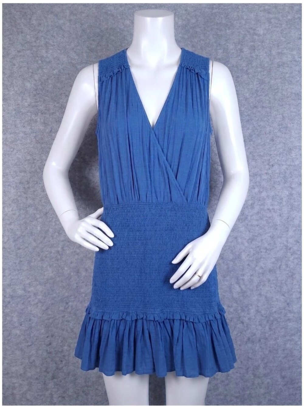 Veronica Beard Cox Smocked Cotton Mini Dress Womens Large Cobalt Blue Ruffle